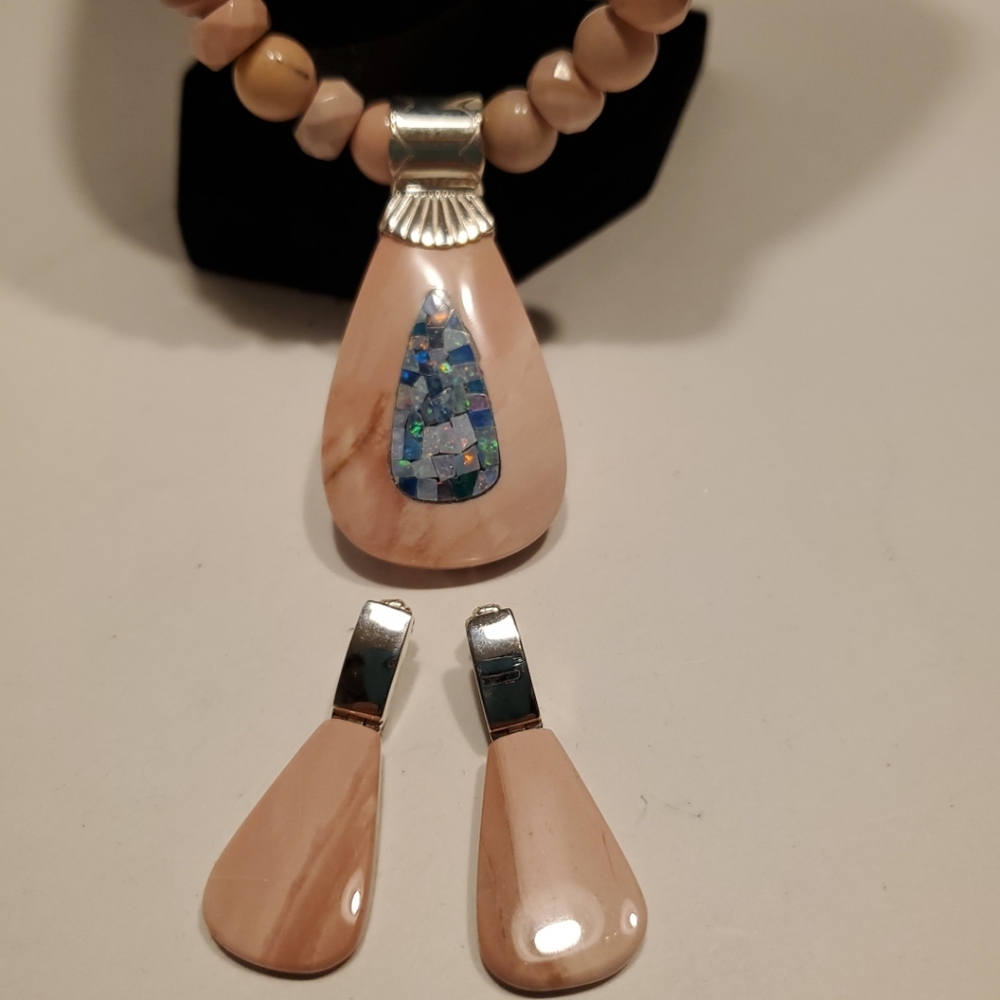 Jay King Mine Finds DTR 925 Pink Rhodolite Beads Opal Drop Pendant Set